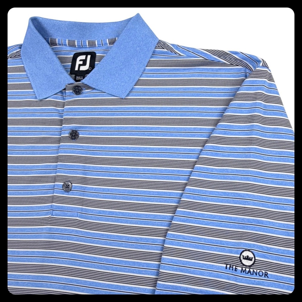 FootJoy FJ Polo Shirt THE MANOR Men Large Blue Striped Stretch Golf Club Georgia
